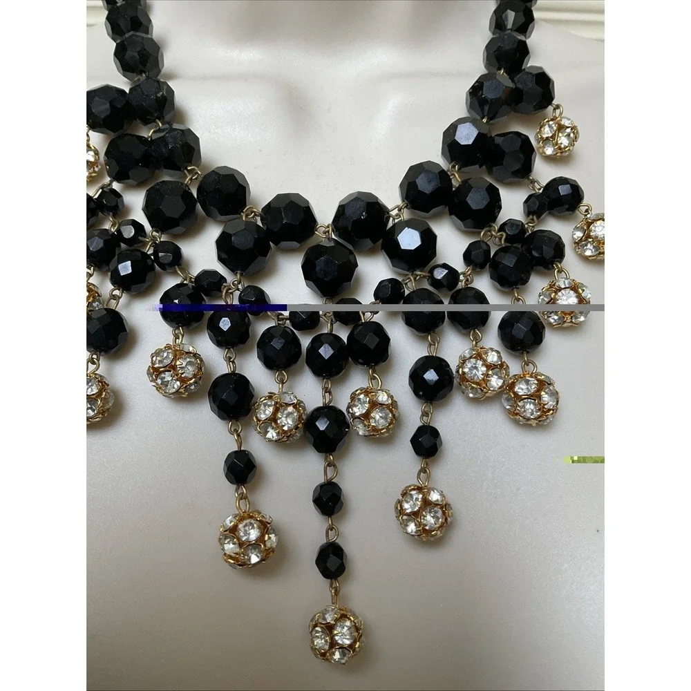 Jay Feinberg Bib Statement Necklace Black Bead Rhinestone Pave Globes